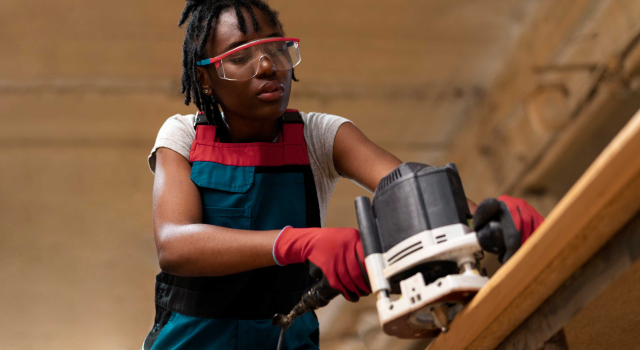 carpenter cutting mdf board inside workshop