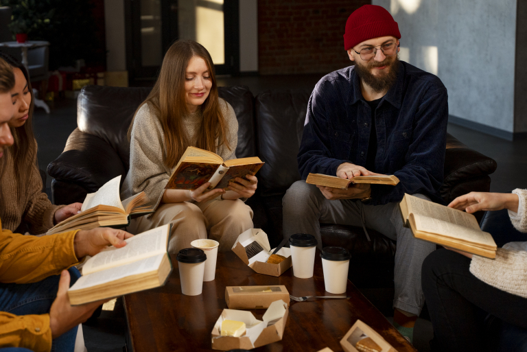 medium shot people reading together